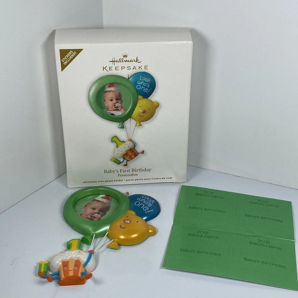 Hallmark Keepsake Ornament BABYS FIRST BIRTHDAY Balloons Cupcake Picture Sticker